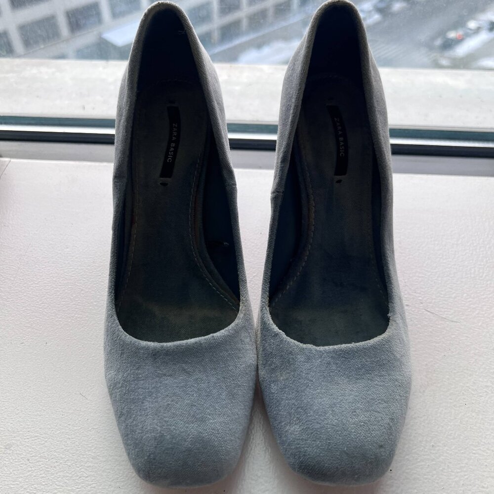 Zara Pastel Blue Velvet Block Heels